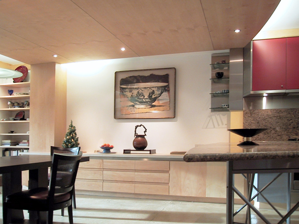 Пример оригинального дизайна: большая гостиная-столовая в современном стиле с бетонным полом