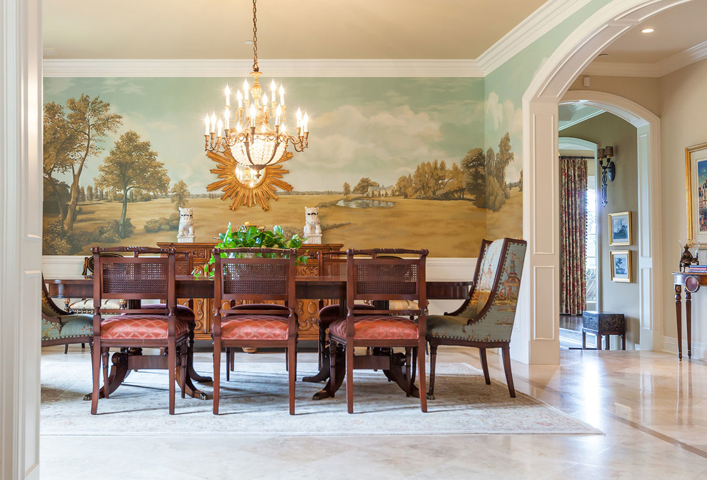 Example of a classic dining room design in Santa Barbara with multicolored walls