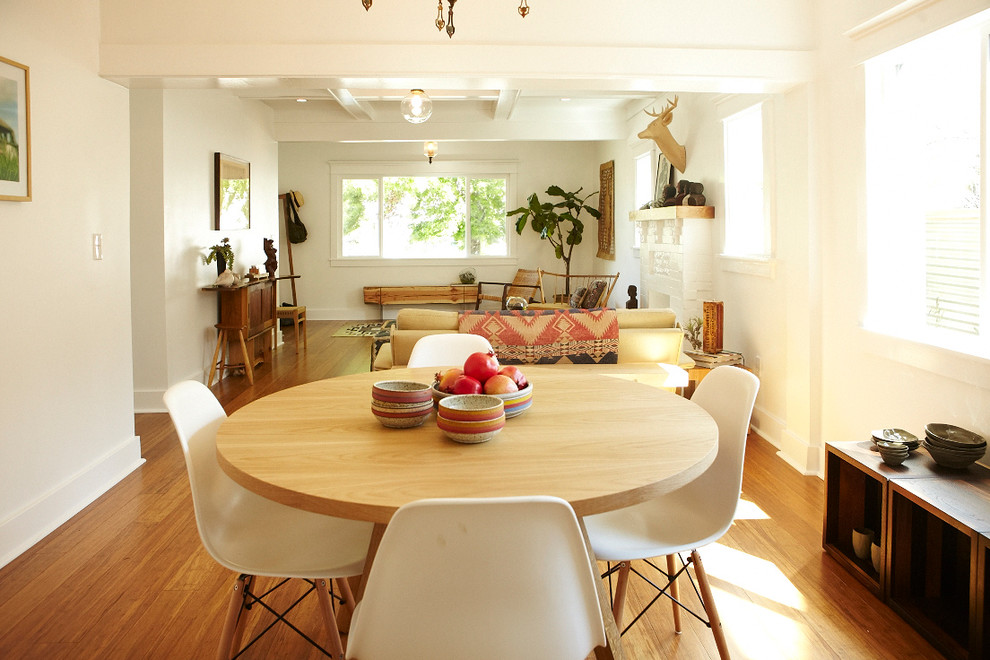Design ideas for an eclectic dining room in Los Angeles with white walls and medium hardwood flooring.