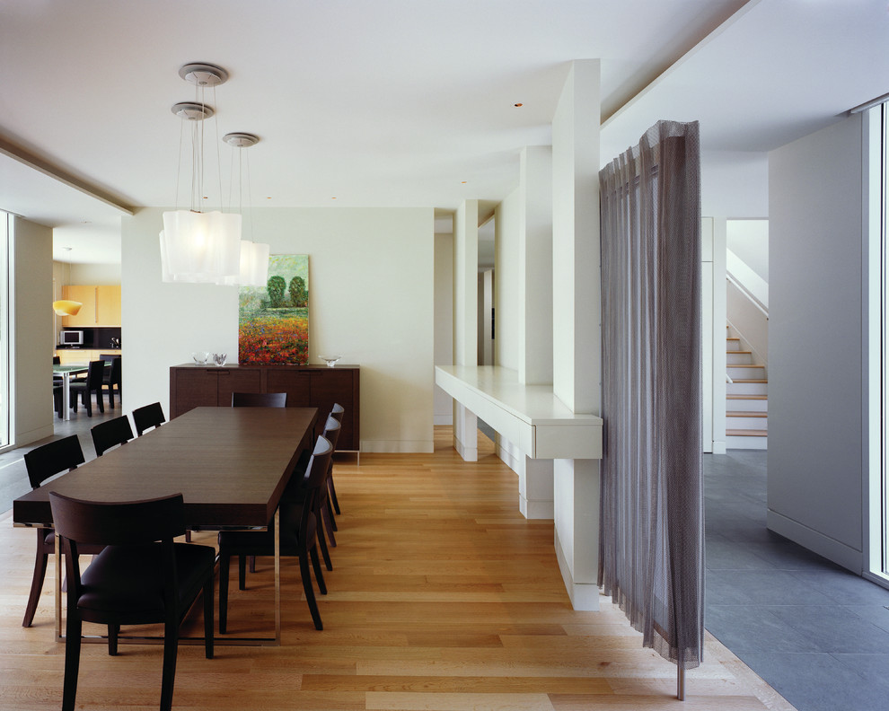 Ejemplo de comedor actual con paredes blancas, suelo de madera en tonos medios y suelo marrón