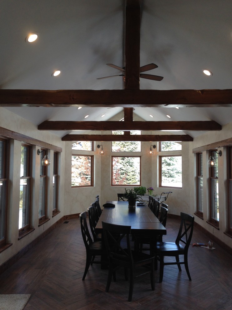 Large traditional kitchen/dining room in Salt Lake City with beige walls, dark hardwood flooring and no fireplace.
