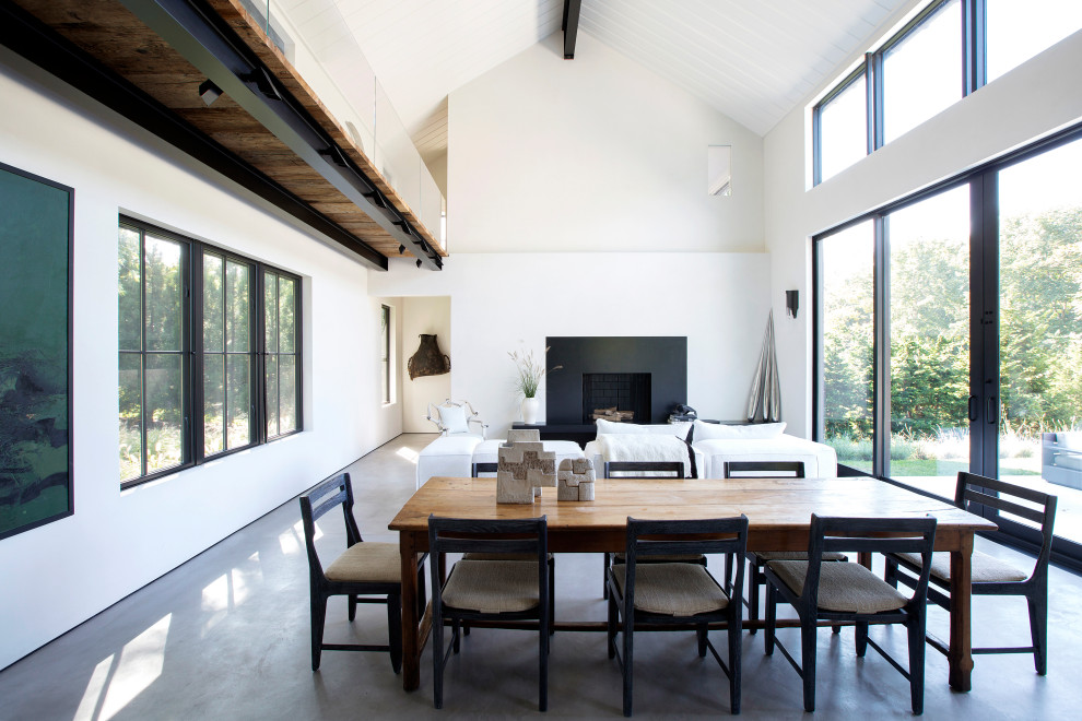 Cette image montre une salle à manger ouverte sur le salon design avec un mur blanc, sol en béton ciré, une cheminée standard, un sol gris et un plafond voûté.