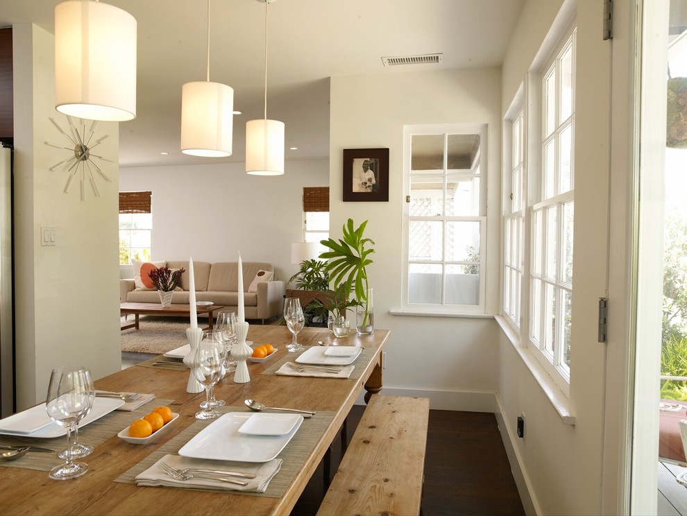 Inspiration for a mid-sized transitional dark wood floor enclosed dining room remodel in Los Angeles with white walls