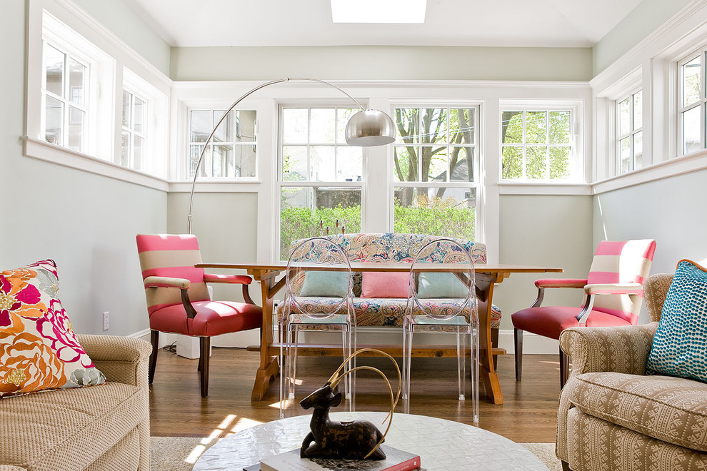 Mid-sized eclectic dark wood floor great room photo in Boston with gray walls and no fireplace