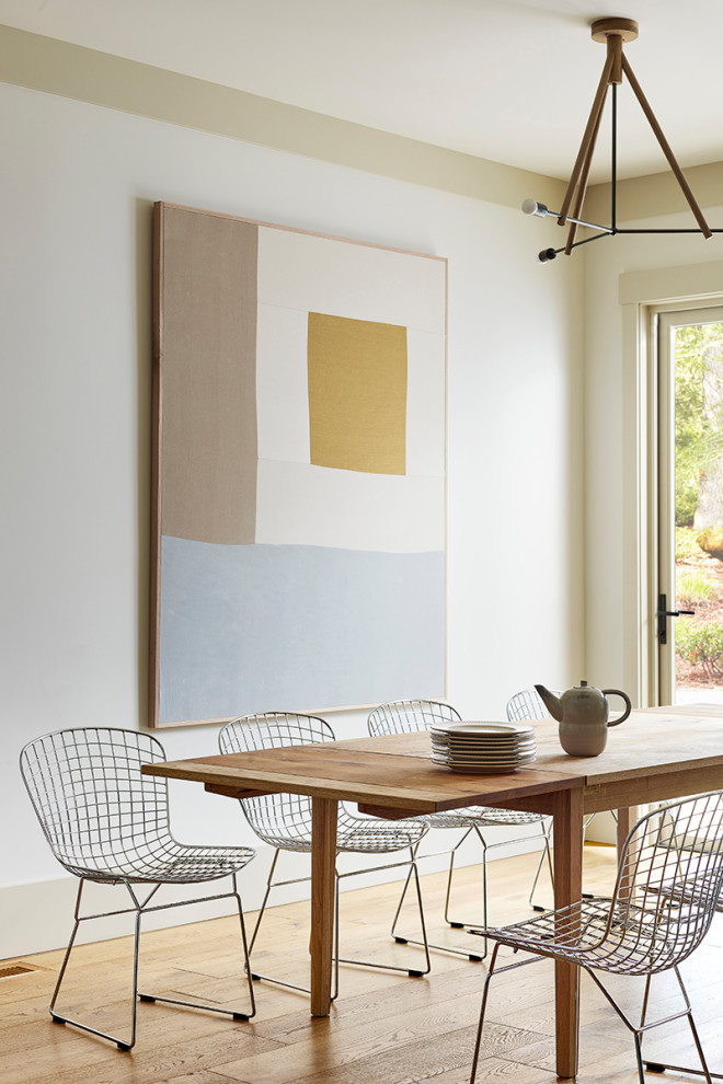 Foto de comedor de cocina campestre de tamaño medio con paredes blancas y suelo de madera en tonos medios