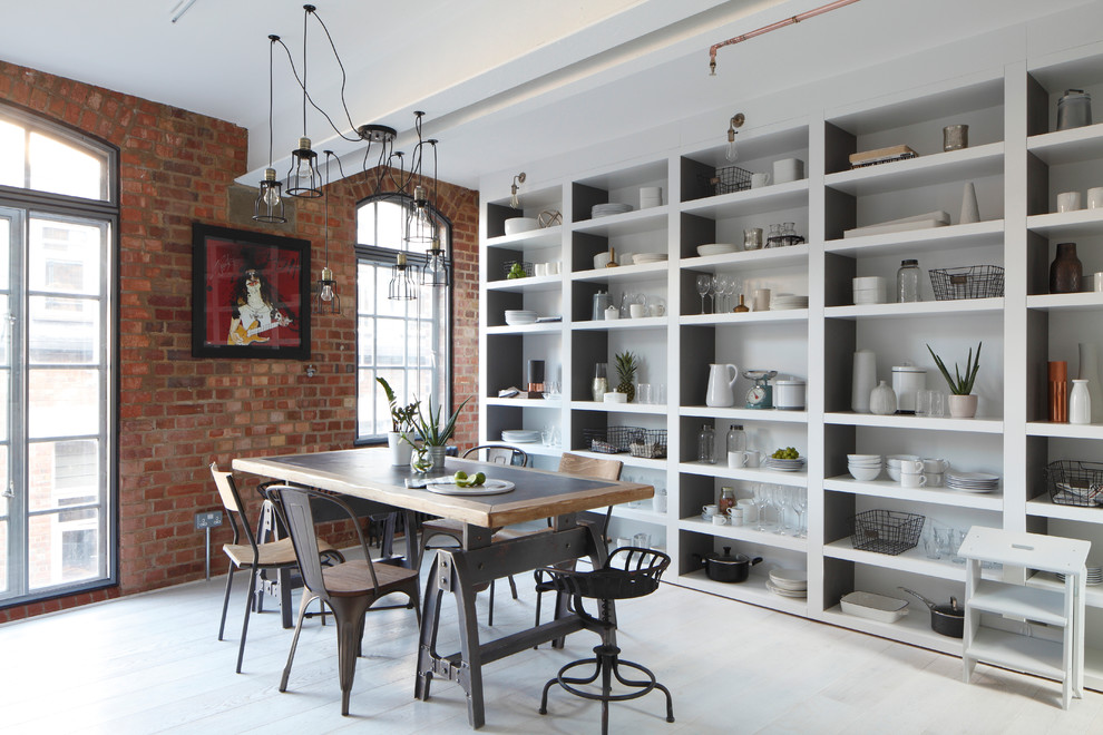 Inspiration for an industrial painted wood floor and white floor dining room remodel in London with white walls