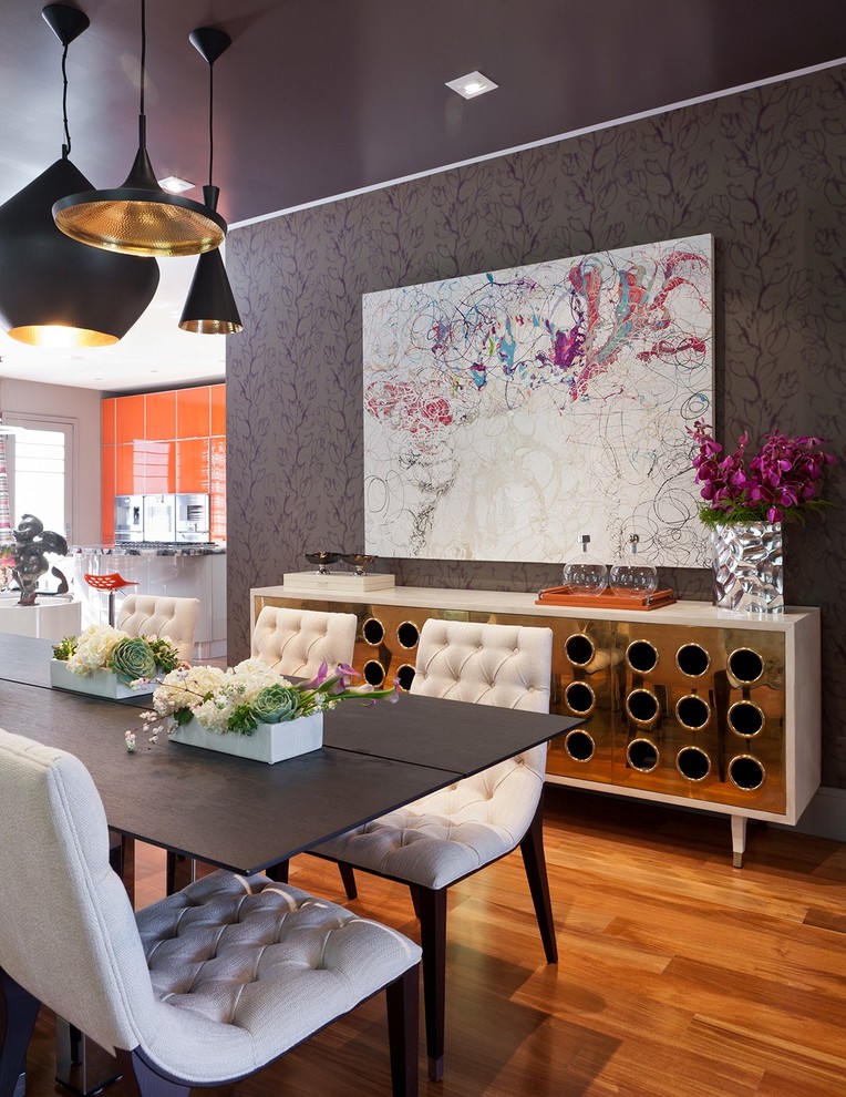 Great room - contemporary medium tone wood floor great room idea in San Francisco with purple walls