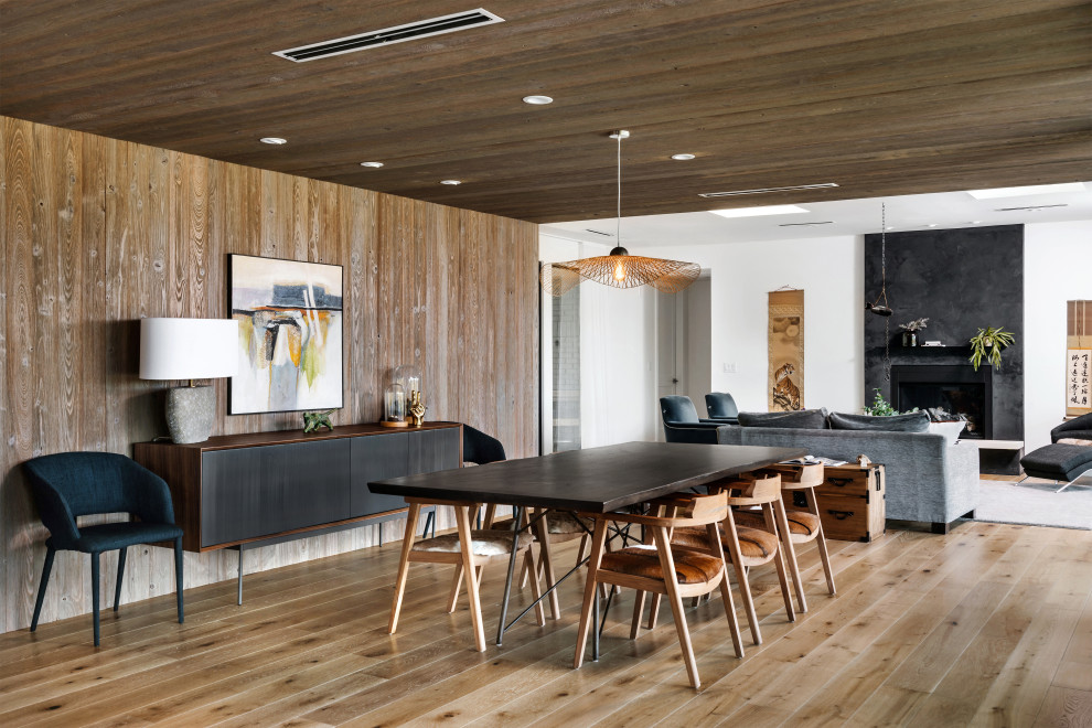Große Moderne Wohnküche mit weißer Wandfarbe, hellem Holzboden, Kamin, verputzter Kaminumrandung, beigem Boden, Holzdecke und Holzwänden in Austin