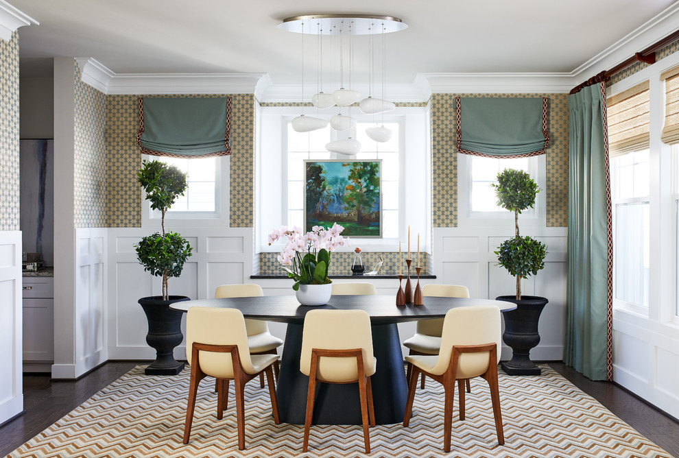 Enclosed dining room - mid-sized transitional dark wood floor and brown floor enclosed dining room idea in Boston with green walls and no fireplace