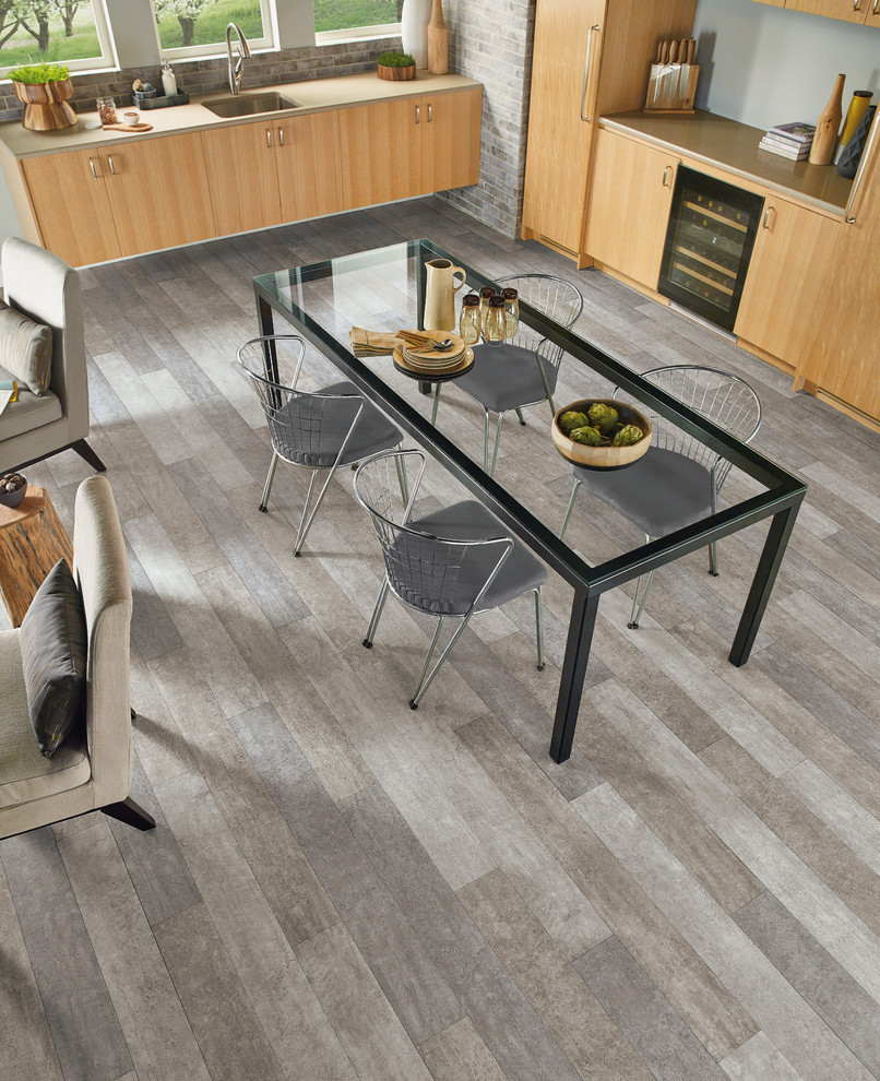 Kitchen/dining room combo - mid-sized contemporary vinyl floor and gray floor kitchen/dining room combo idea in Other with white walls and no fireplace