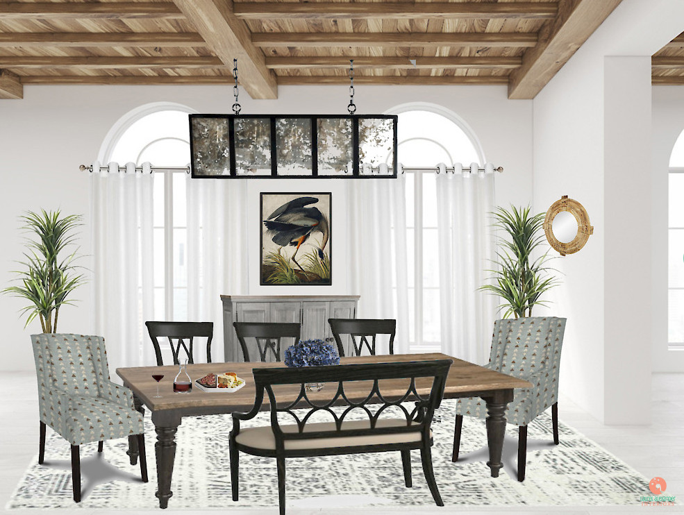 Пример оригинального дизайна: большая кухня-столовая в стиле рустика с белыми стенами, полом из терракотовой плитки, белым полом и балками на потолке