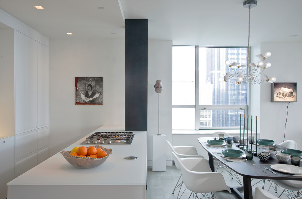 Small contemporary kitchen/dining room in New York with white walls, porcelain flooring and no fireplace.