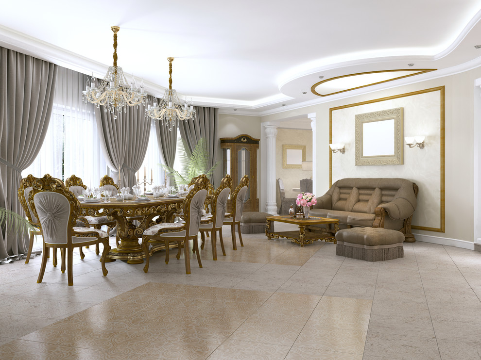 Idee per una grande sala da pranzo chic con pareti bianche e pavimento con piastrelle in ceramica
