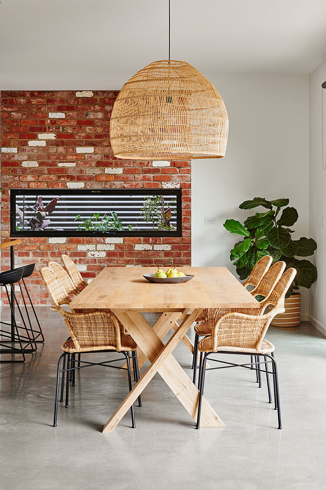 Inspiration för moderna kök med matplatser, med vita väggar, betonggolv och grått golv