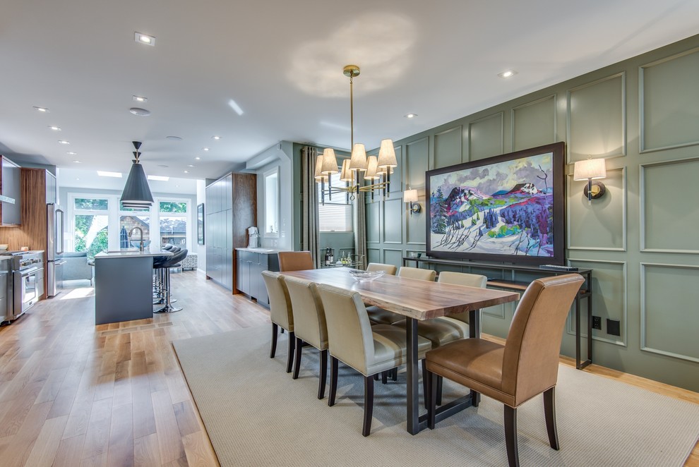 Photo of a medium sized classic kitchen/dining room in Toronto with green walls, light hardwood flooring and multi-coloured floors.