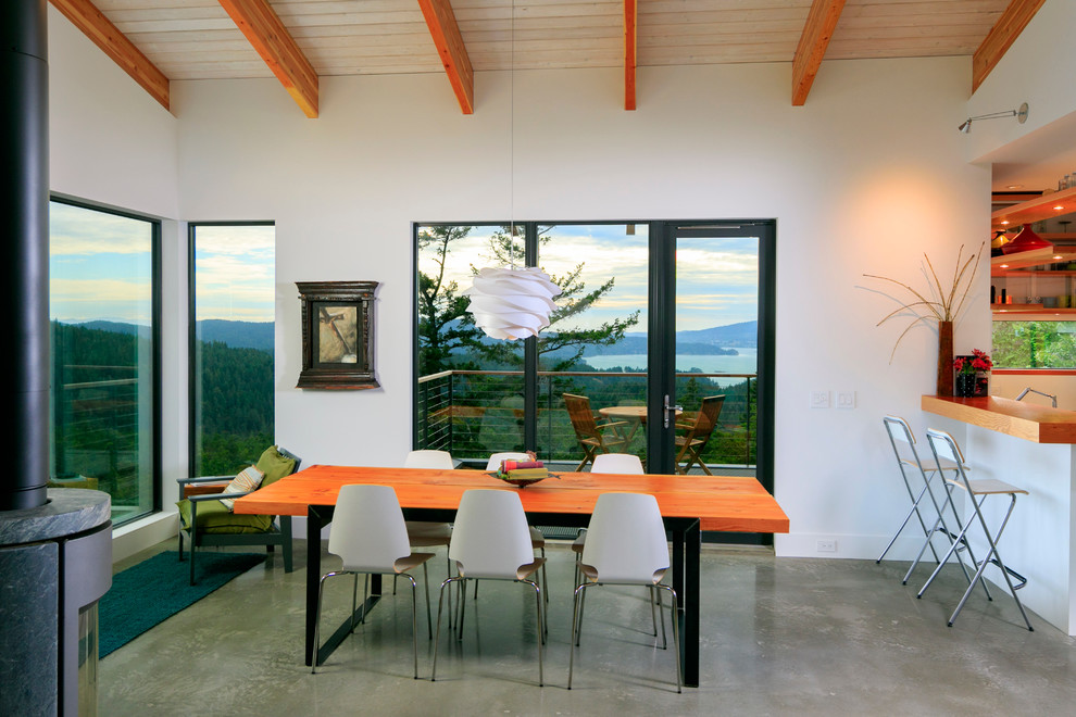 Foto di una sala da pranzo aperta verso la cucina contemporanea di medie dimensioni con pareti bianche, pavimento in cemento, stufa a legna e cornice del camino in metallo