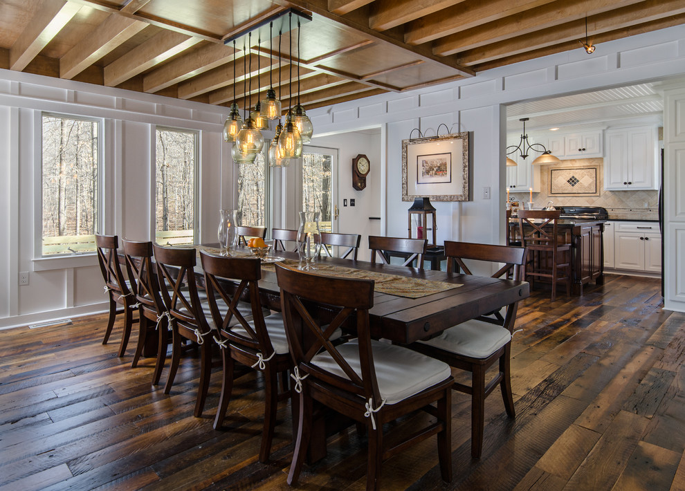 Medium sized country dining room in Richmond with white walls and dark hardwood flooring.