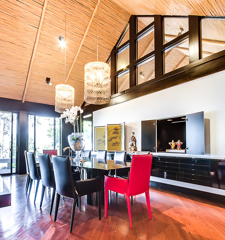 Medium sized world-inspired enclosed dining room in Other with white walls, dark hardwood flooring and brown floors.