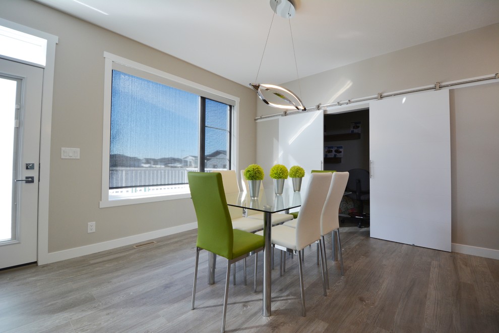 Idee per una sala da pranzo moderna con pareti grigie, pavimento in laminato e pavimento multicolore