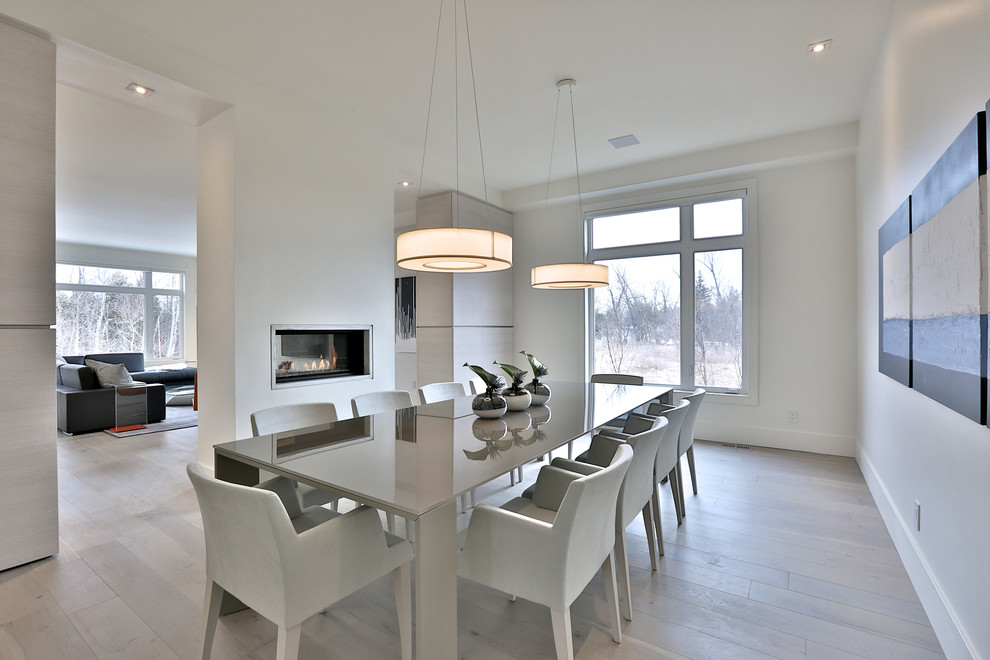Aménagement d'une grande salle à manger ouverte sur la cuisine moderne avec un mur blanc, parquet clair et une cheminée double-face.