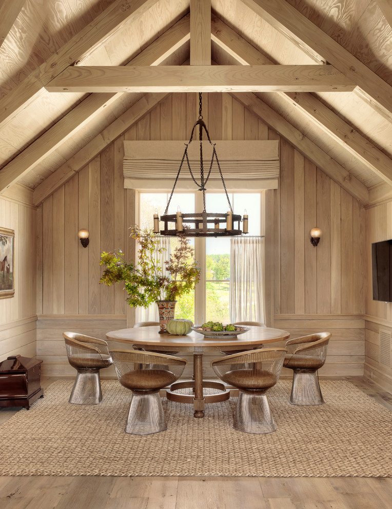 Design ideas for a farmhouse dining room in Austin with light hardwood flooring.