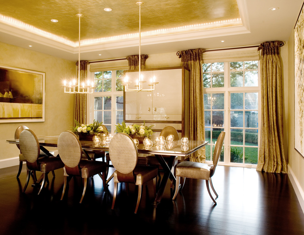 Design ideas for a large traditional dining room in San Francisco with beige walls, dark hardwood flooring and no fireplace.