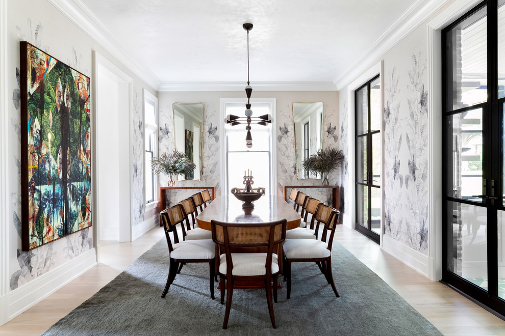 Inspiration for a large transitional light wood floor and beige floor enclosed dining room remodel in Austin with multicolored walls and no fireplace