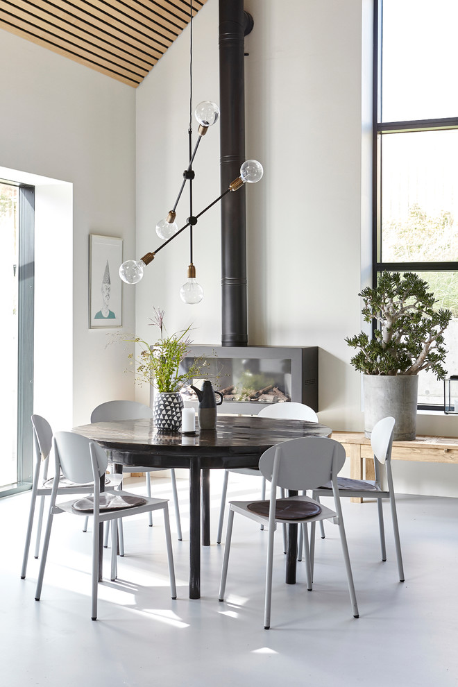 На фото: столовая в скандинавском стиле с белыми стенами, печью-буржуйкой и фасадом камина из металла