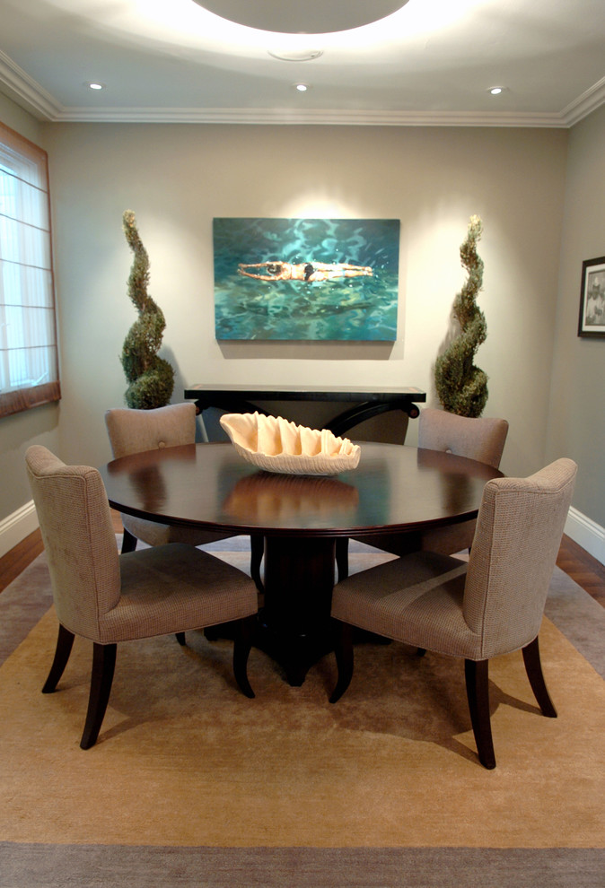 Photo of a contemporary dining room in Dallas with grey walls and dark hardwood flooring.