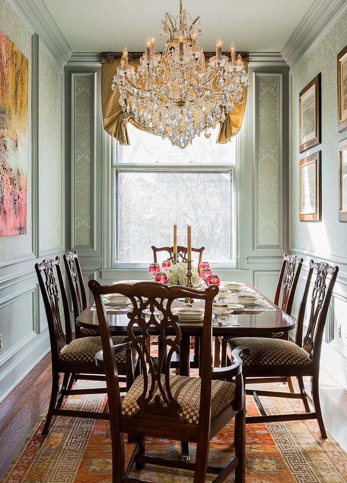 Inspiration for a medium sized traditional enclosed dining room in Boston with blue walls, dark hardwood flooring and no fireplace.