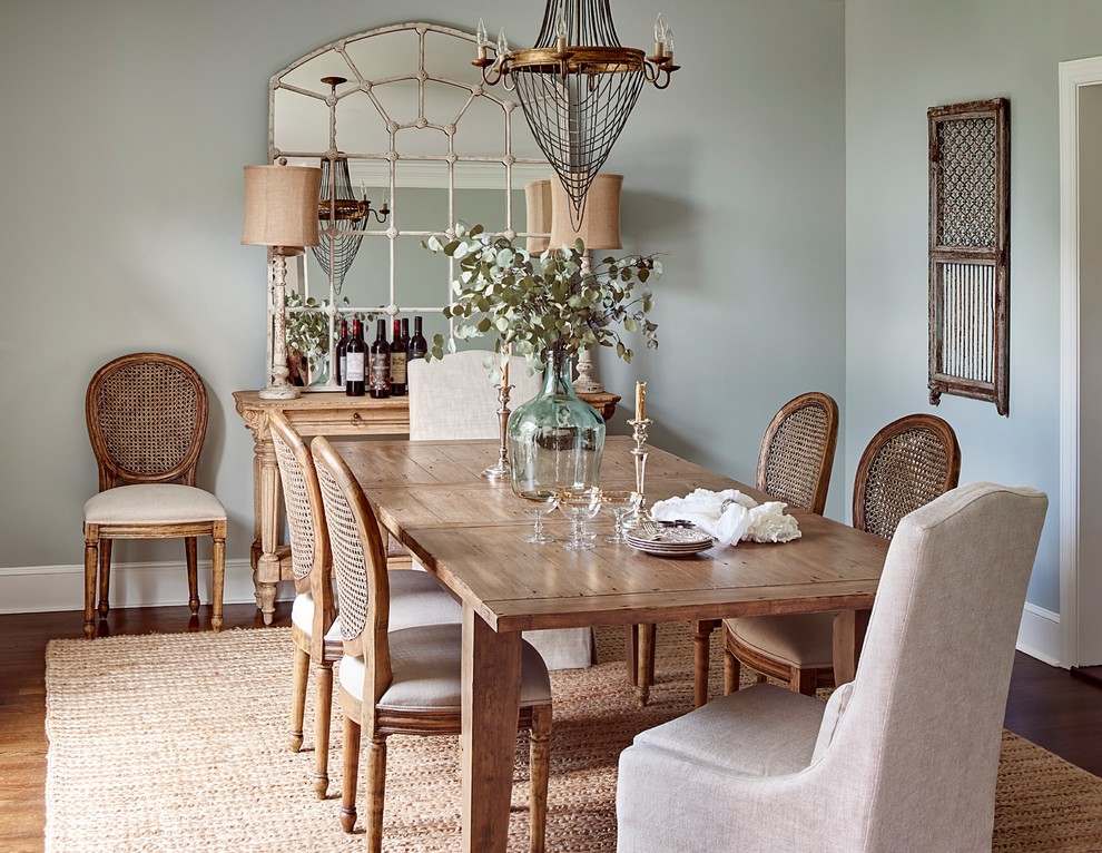 Cette photo montre une salle à manger nature avec un mur bleu, parquet foncé, un sol marron et éclairage.