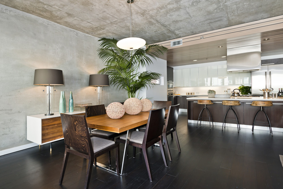 Inspiration for a contemporary dining room in Other with dark hardwood flooring, brown floors and feature lighting.