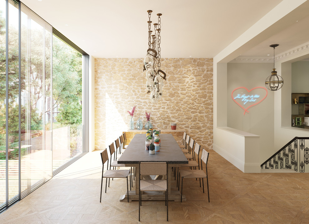 Ispirazione per una grande sala da pranzo minimal con pareti bianche e pavimento beige