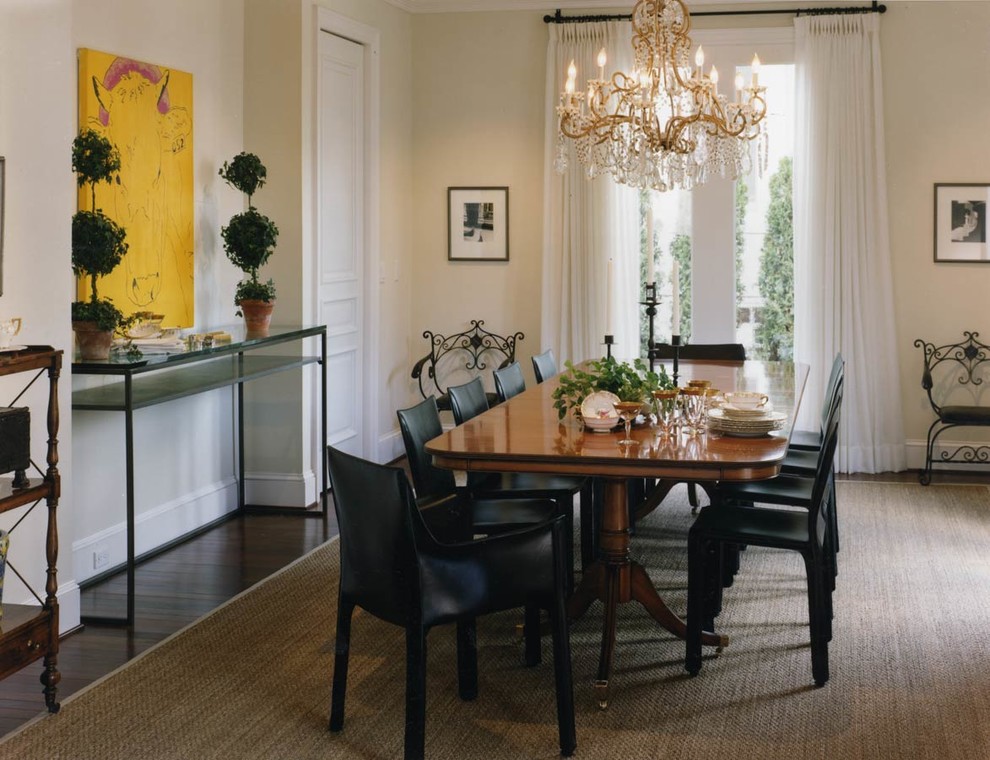 Example of a large eclectic dark wood floor and brown floor enclosed dining room design in Detroit with white walls and no fireplace