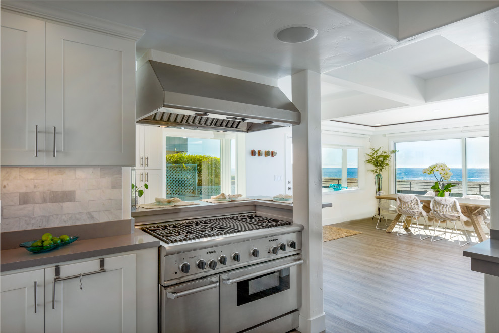 Idee per una piccola cucina ad ambiente unico stile marino con pavimento in vinile e pavimento marrone