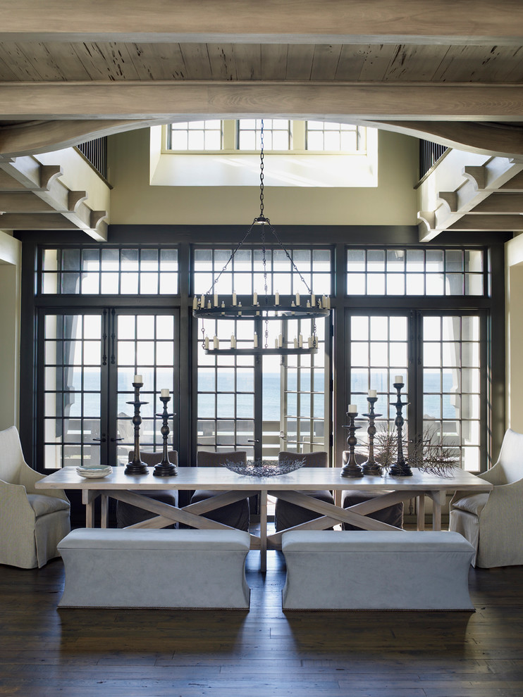 Immagine di una sala da pranzo stile marino con pareti beige e parquet scuro
