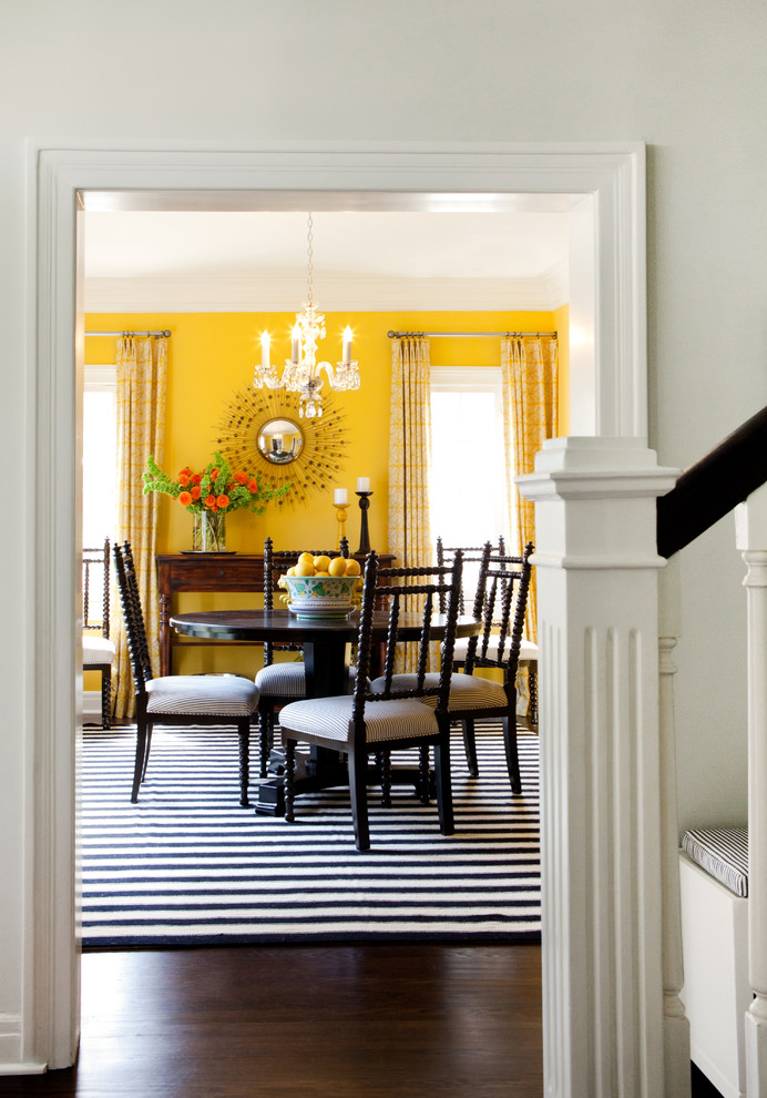 Источник вдохновения для домашнего уюта: отдельная столовая среднего размера в современном стиле с желтыми стенами, темным паркетным полом и коричневым полом