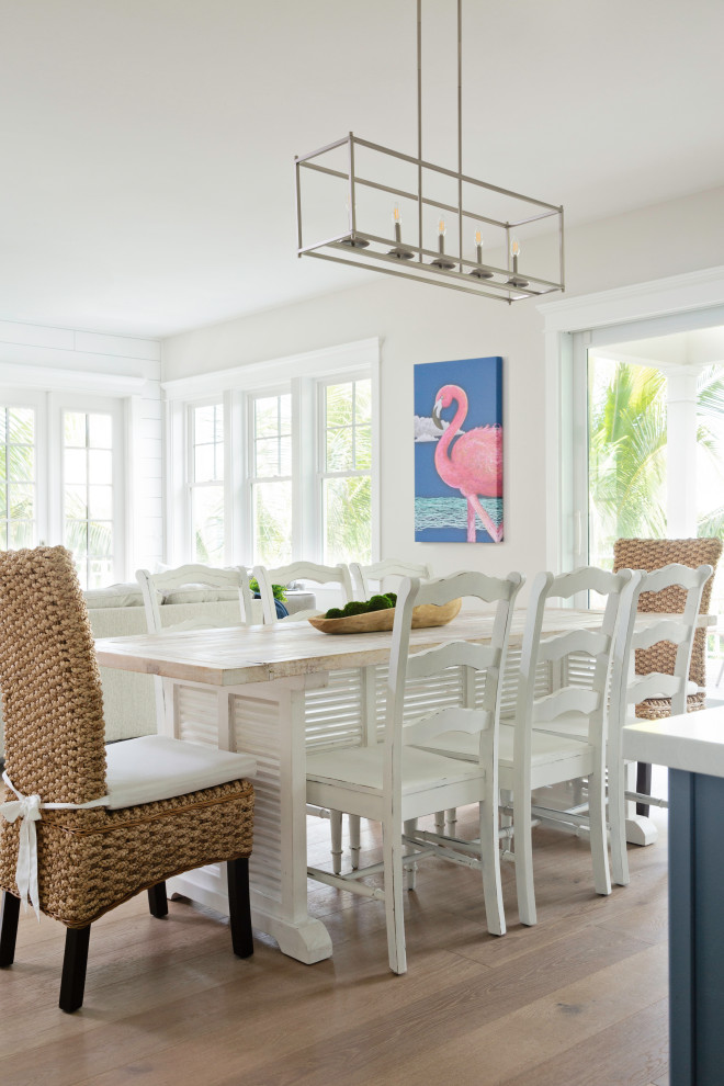 Inspiration for a mid-sized coastal medium tone wood floor and beige floor dining room remodel in Tampa with white walls