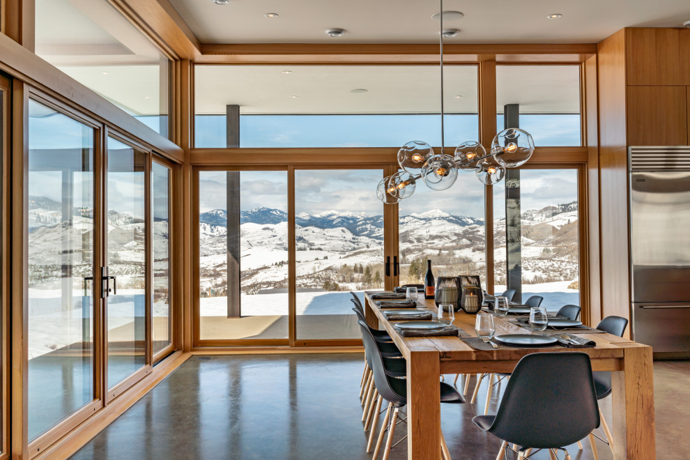 На фото: кухня-столовая среднего размера в стиле модернизм с коричневыми стенами, бетонным полом, серым полом и деревянными стенами с