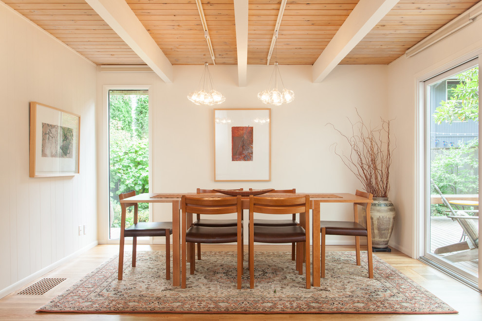 Dining room - contemporary medium tone wood floor dining room idea in Portland with white walls