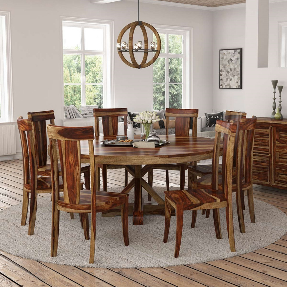 Bedford X Pedestal Rustic 72" Round Dining Table With 8 Chairs Dining