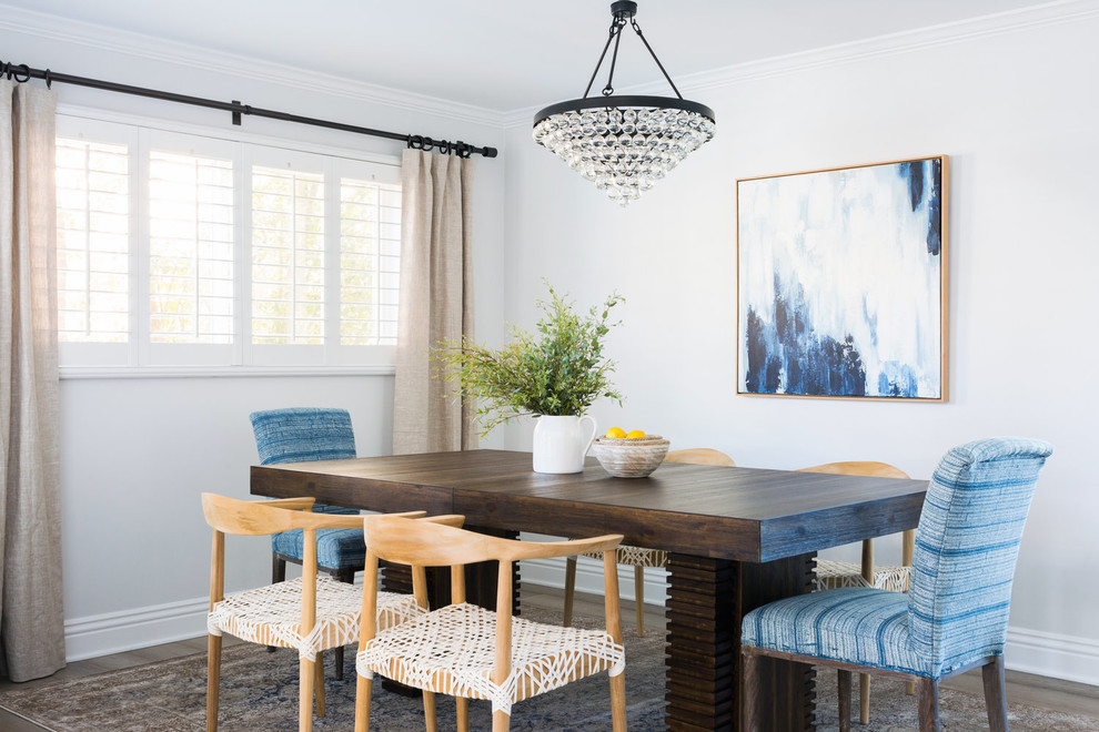 Design ideas for a nautical dining room in Los Angeles with no fireplace and white walls.