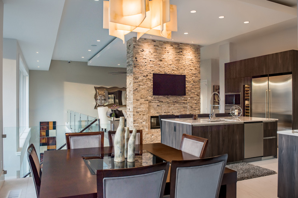 Photo of a medium sized modern kitchen/dining room in Cincinnati with marble flooring, a ribbon fireplace, a stone fireplace surround and white walls.