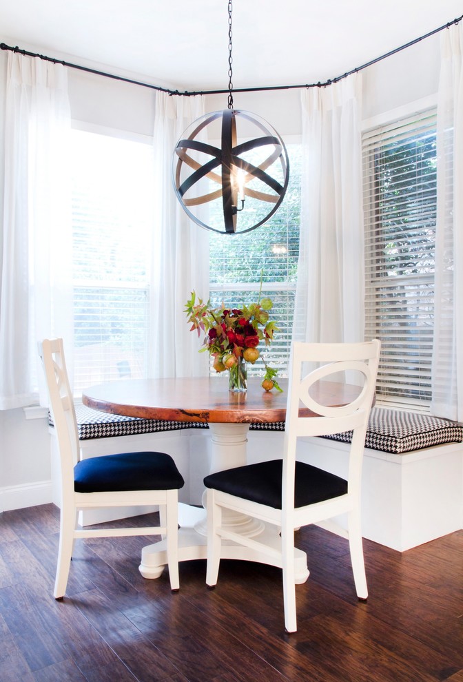Design ideas for a traditional dining room in Austin with white walls and dark hardwood flooring.