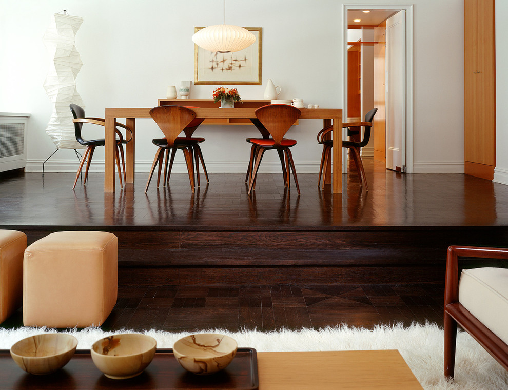 Inspiration for a contemporary dining room in New York with white walls, dark hardwood flooring and brown floors.