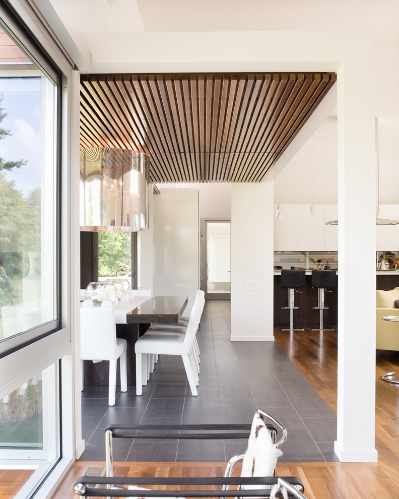 Immagine di una sala da pranzo aperta verso il soggiorno design con pavimento con piastrelle in ceramica