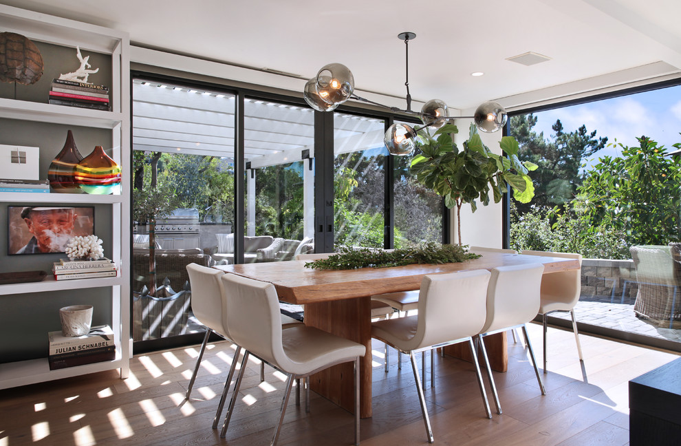 Inspiration for a contemporary dining room in Orange County with white walls and medium hardwood flooring.