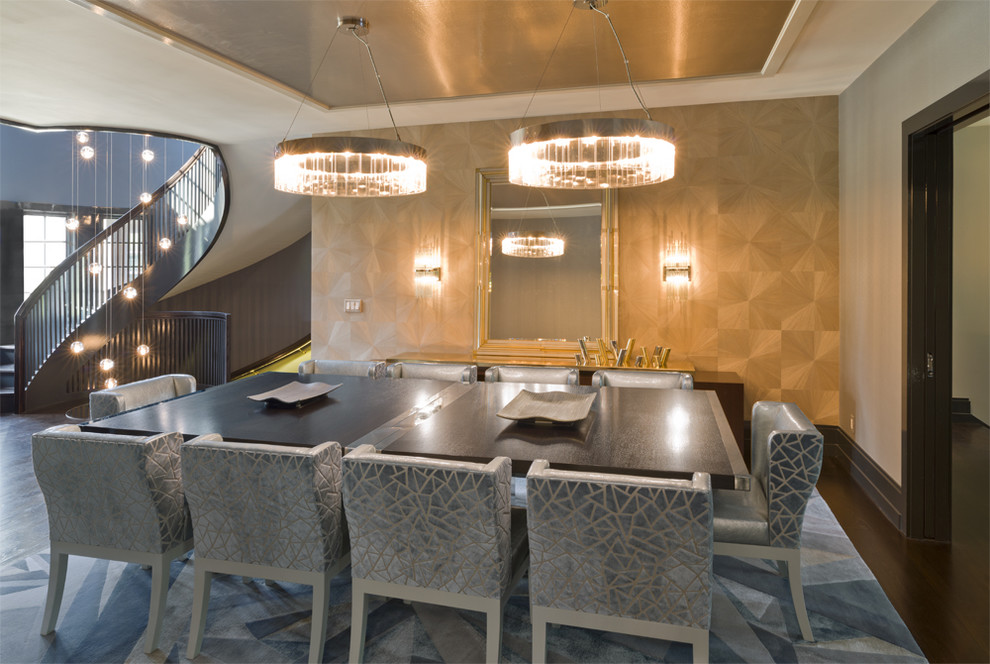 Design ideas for a large contemporary enclosed dining room in New York with metallic walls and dark hardwood flooring.