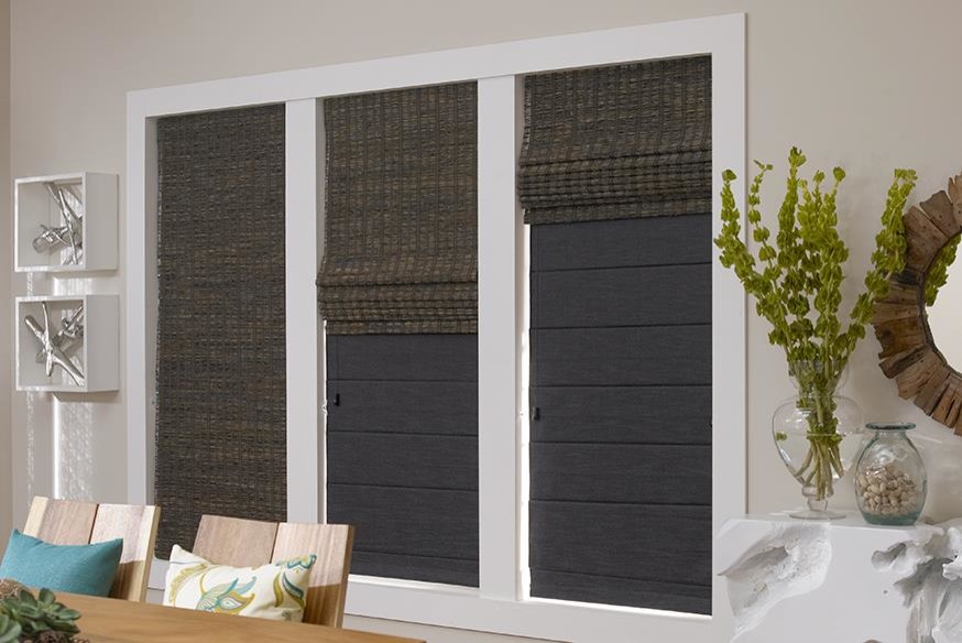 BLACKOUT WOVEN WOOD ROMAN SHADES Lafayette Manh Truc Duo Shades