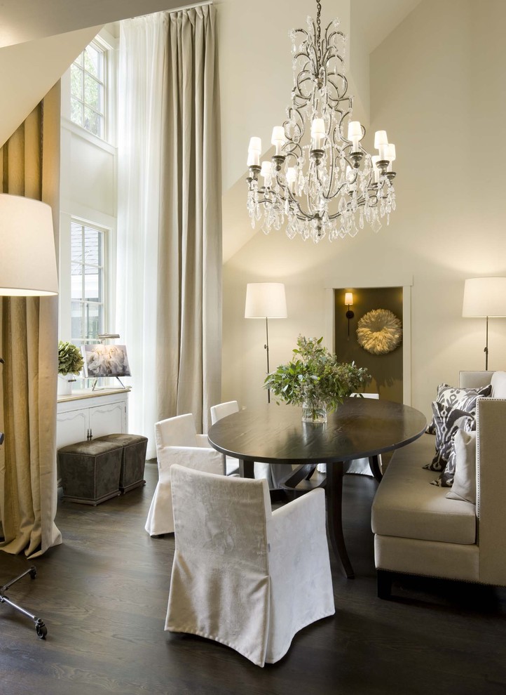 Design ideas for a classic dining room in Denver with beige walls and dark hardwood flooring.
